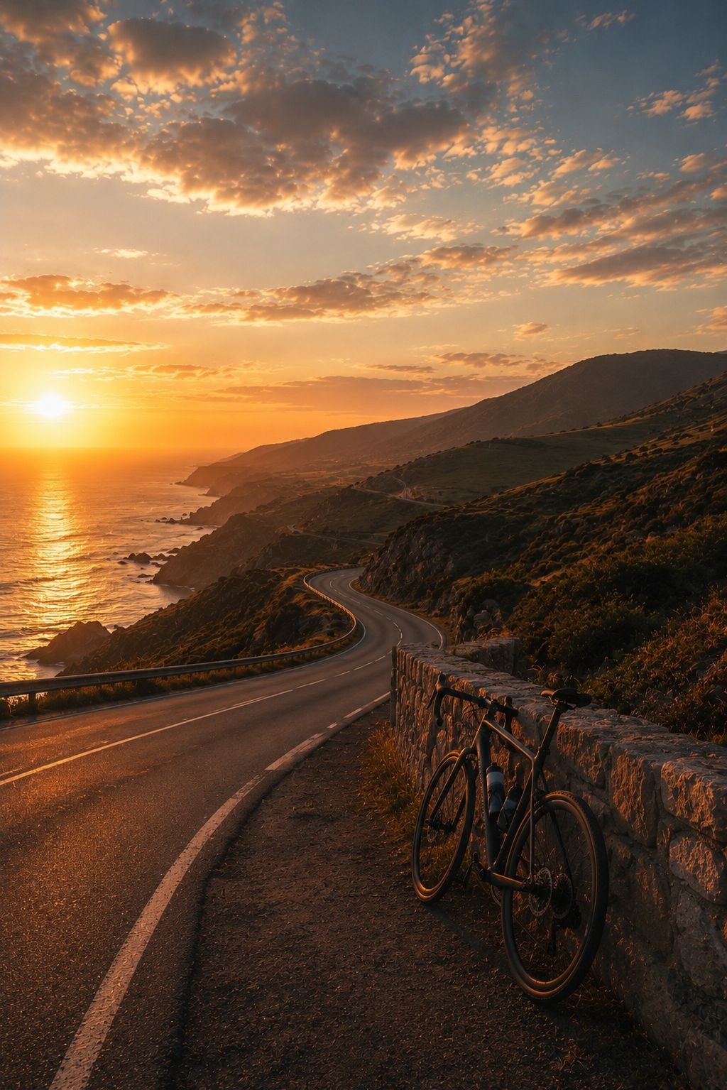 Ciclista en carretera costera al atardecer